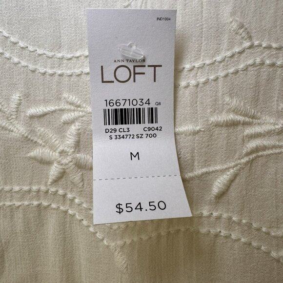 LOFT Size Medium Embroidered Floral Neckline Long Sleeve Rayon Off White Blouse - Picture 7 of 9